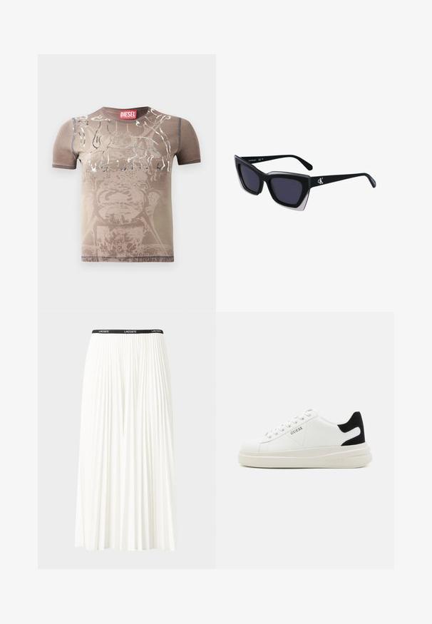 Brun kortærmet t-shirt med et falmet grafisk design og sølvdetaljer. Har rund halsudskæring og kontrasterende syninger. Brandlabel synligt.; Plisseret hvid nederdel med en sort elastisk talje, der har "LACOSTE"-logoet. Mellemlang design med blød tekstur.; Hvide lædersneakers med en tyk hvid sål, sort ruskindhælvægt og prægede logoer på siden. Snørebåndsdesign med seks øjer.; Store sorte oversized solbriller med geometrisk form, med mørke linser og en kontrasterende grå detalje på stellet. Logo på armen.
