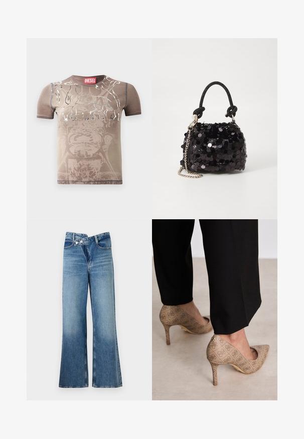 Brūns īsām piedurknēm t-krekls ar izbalējušu grafisko dizainu un sudraba akcentiem. Iespējas ar apaļu apkakli un kontrastējošiem diegiem. Redzama zīmola etiķete.; Gai zils džinsu auduma bikses ar platām kājām un augstu vidukli, kurām ir divi pogas un priekšējās kabatas. Audumam ir izbalējusi tekstūra ar smalkām variācijām.; Bežīgas augstpapēžu kurpes ar teksturētu audumu, kas rotāts ar atkārtotu rakstu. Norādītā pirksta dizains ar aizmugurējo akcentu un zelta papēža detaļām.; Melna spīguļota mini rokas soma ar mezglotu teksturētu siksniņu un sudraba ķēdi. Apaļa forma ar sakopotām malām un atstarojumu detaļām.