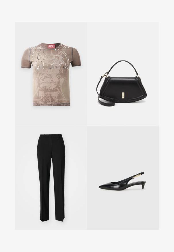 Brown short-sleeve t-shirt with a faded graphic design and silver accents. Features round neckline and contrasting stitching. Brand label visible.; Black tailored trousers with a straight-leg design, featuring a smooth texture and crisp creases along the front. No visible hardware.; Black leather slingback heels with a pointed toe, featuring a slim heel and a gold-tone accent on the adjustable strap. Smooth texture.; Black leather handbag with a structured design, featuring a cropped shape, top handle, and gold hardware accent. Adjustable shoulder strap included.
