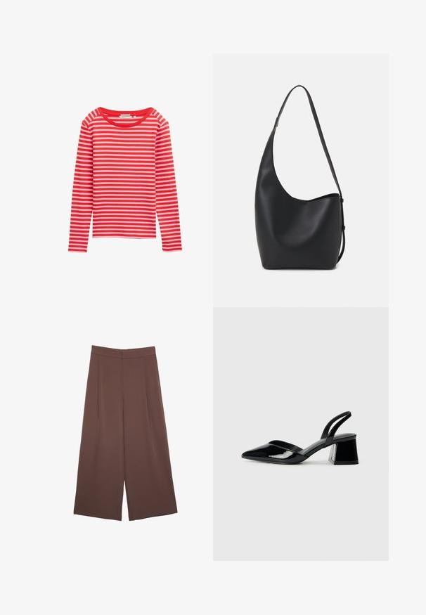 Tričko s dlhým rukávom s červenými a svetloružovými horizontálnymi pruhmi, okrúhly výstrih, mäkký materiál, voľný strih, bez viditeľného hardvéru alebo akcentov.; Hnedé nohavice so širokými nohavicami a hladkou textúrou, s vysokým pásom a prednými skladmi. Tkanina je ľahká a voľne sa pohybuje.; Čierne lakované kožené sandálové podpätky s špicatou špičkou a geometrickým blokovým podpätkom. Disponujú elegantným, minimalistickým dizajnom a hladkým povrchom.; Čierna kožená hobo taška so hladkou textúrou, zakriveným tvarom a jedným nastaviteľným popruhom; má široké otvorenie na vrchu.