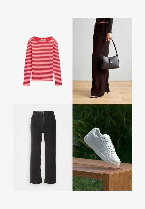 Hosszú ujjú felső piros és világos rózsaszín vízszintes csíkokkal, kerek nyakkivágással, puha anyagból, laza szabású, látható fémrészek vagy díszítések nélkül.; Fekete, bő szárú farmernadrág, elöl gombos záródással, övhurkokkal és öt zsebbel, enyhén kopott textúrával.; Fehér sportcipő sima szintetikus felsőrésszel, perforált lábujjrész, lapos fűzőkkel és texturált talppal, fából készült felületen kihelyezve.; Fekete kézi táska strukturált formával, sima textúrával és fémből készült záródással. Széles fekete nadrággal és nyitott orrú szandállal párosítva, fából készült padlón.