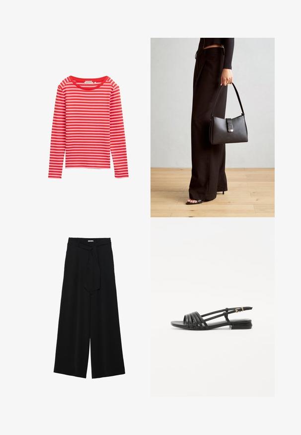 Garšiem piedurknēm tops ar sarkaniem un gaiši rozā horizontāliem svītrām, apaļa kakla izgriezuma, mīksta auduma, brīvs piegriezums, bez redzamiem detaļām vai akcentiem.; Melni platleņķa bikses ar teksturētu audumu, elastīgu jostu un noņemamu siksnu viduklī, kas nodrošina regulējamu piegulšanu.; Melnas plakanas sandalēs ar jostu dizainu, kas ietver vairākas ādas jostas un šauru potītes sprādzi. Zole ir plakana un taisnstūrveida.; Melnā somiņa ar strukturētu formu, gludu tekstūru un metālu sprādzi. Saskaņota ar platām melnām biksēm un sandālēm ar atvērtu purngalu uz koka grīdas.