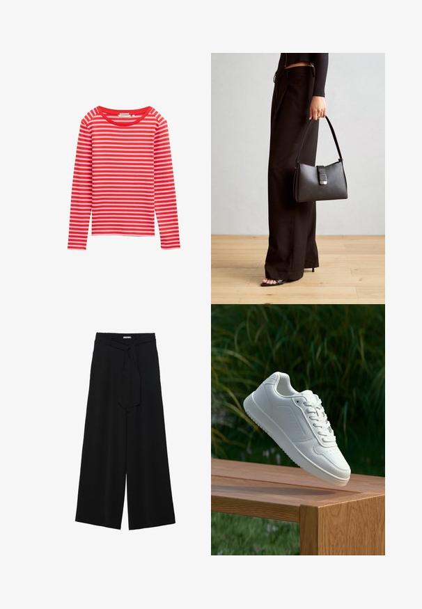 Langarmoberteil mit roten und hellrosa horizontalen Streifen, rundem Ausschnitt, weichem Stoff, lockerer Passform, ohne sichtbare Beschläge oder Akzente.; Schwarze weite Hosen aus strukturiertem Stoff, mit elastischem Bund und einem abnehmbaren Bindegürtel in der Taille für eine verstellbare Passform.; Weiße Sneaker mit einem glatten, synthetischen Obermaterial, perforierter Zehenbox, flachen Schnürsenkeln und einer strukturierten Sohle, präsentiert auf einer Holzoberfläche.; Schwarze Handtasche mit strukturierter Form, glatter Textur und einem metallischen Verschluss. Kombiniert mit weiten schwarzen Hosen und offenen Sandalen auf einem Holzboden.