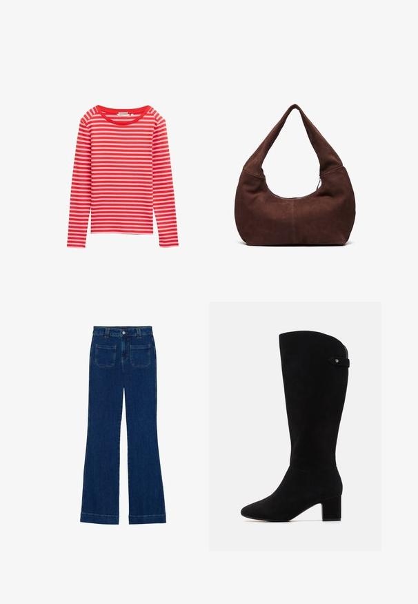 Langsleeve top met rode en lichtroze horizontale strepen, ronde halslijn, zachte stof, relaxte pasvorm, geen zichtbare hardware of accenten.; Donkerblauwe denim flared jeans met een gladde textuur, vijf zakken en een knoopsluiting aan de taille.; Zwarte suède kniehoge laarzen met een spitse neus en blokhak. Beschikt over een gladde textuur en een eenvoudig ontwerp, met een zijriem accent.; Bruin suède hobo tas met een gebogen, brede handgreep en een grote opening. Zachte textuur met zichtbare stiksels langs de randen.