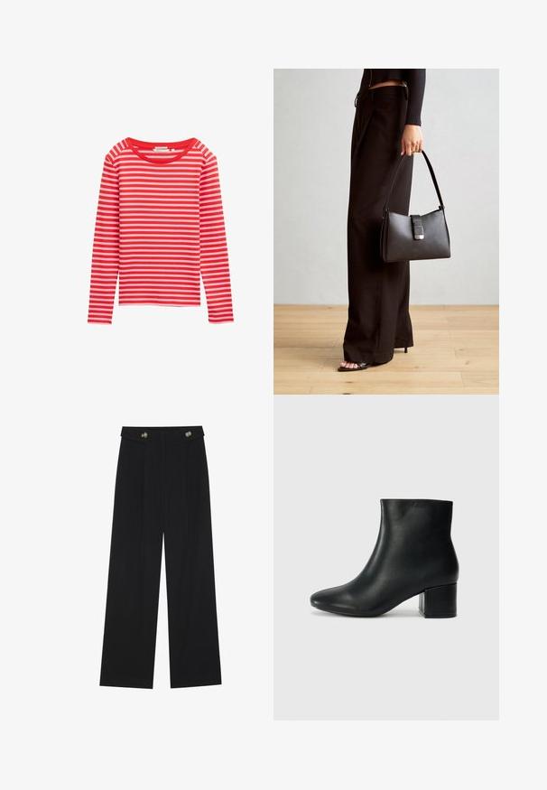 Długi rękaw, bluzka w poziome czerwone i jasnoróżowe paski, okrągły dekolt, miękka tkanina, luźny krój, bez widocznych elementów metalowych ani akcentów.; Czarne szerokie spodnie z wysokim stanem, z detalami w postaci guzików na pasku oraz plisami z przodu.; Czarne skórzane botki za kostkę z ostrym noskiem i masywnym obcasem. Gładka tekstura z minimalnymi akcentami i elegancki, dopasowany fason.; Czarna torebka o usztywnionym kształcie, gładkiej fakturze i metalowym zapięciem. Połączona z szerokimi czarnymi spodniami i sandałami na otwartym palcu na drewnianej podłodze.