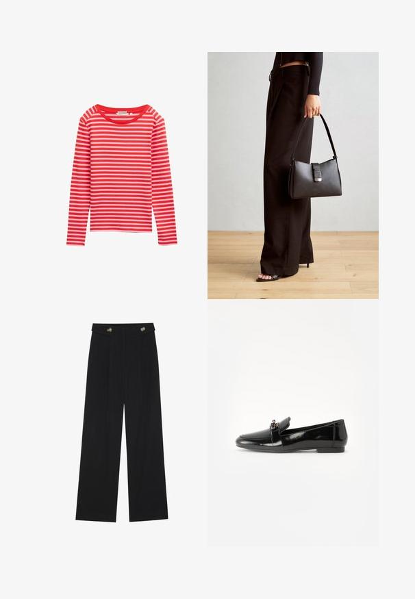 Long-sleeve top with red and light pink horizontal stripes, round neckline, soft fabric, relaxed fit, no visible hardware or accents.; Black wide-leg trousers with high waist, button details on waistband, and front pleats.; Black patent leather loafer with a flat sole, rounded toe, and a decorative strap featuring a gold-tone accent. Smooth, shiny finish.; Black handbag with structured shape, smooth texture, and a metallic clasp. Paired with wide black pants and open-toe sandals on wooden floor.