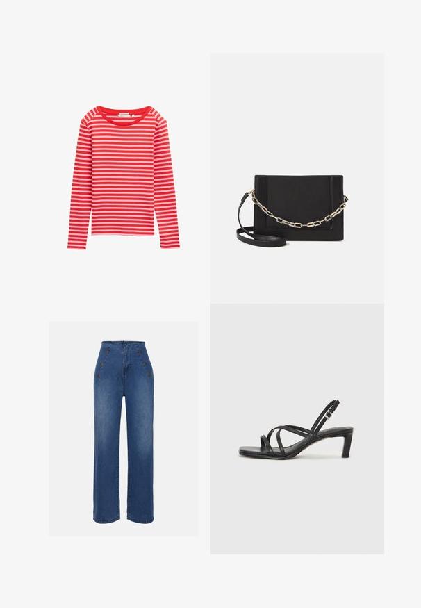 Pikem varrukaga top punaste ja helesiniste horisontaalsete triipudega, ümar kaelus, pehme kangas, lõdva lõikega, pole nähtavaid detaile või aksessuaare.; Keskmise sinise värviga kõrge vöökohaga teksad. Omavad esipoolsete nööbiefekte ja laia jala disaini. Kanga tekstuur on sile ja kerge kulumisega.; Mustast rihmajalatsid ruudukujulise varba ja madala ploki kontsaga. Omab mitmeid õhukesi rihmasid ja reguleeritavat pahkluu rihma. Valmistatud siledast nahast.; Mustast nahast õlakott, mis omab siledat tekstuuri, ristküliku kuju ning esiküljel metallketi detaili. Reguleeritav rihm on kaasas.