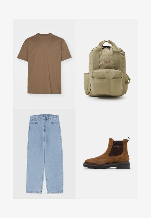 Dickies LURAY brązowy; Jasnoniebieskie dżinsy o prostym kroju nogawki, z średnim stanem, pięcioma kieszeniami oraz zapięciem na guzik i zamek błyskawiczny.; Brązowy zamszowy botek sięgający kostki z okrągłym noskiem i elastycznymi bokami. Posiada czarny teksturowany akcent oraz pętelkę z tyłu. Czarna podeszwa.; Khaki plecak z wyściełanymi paskami, przednią kieszenią i okrągłym logo. Wykonany z trwałego materiału, z uchwytem na górze i kieszenią boczną.