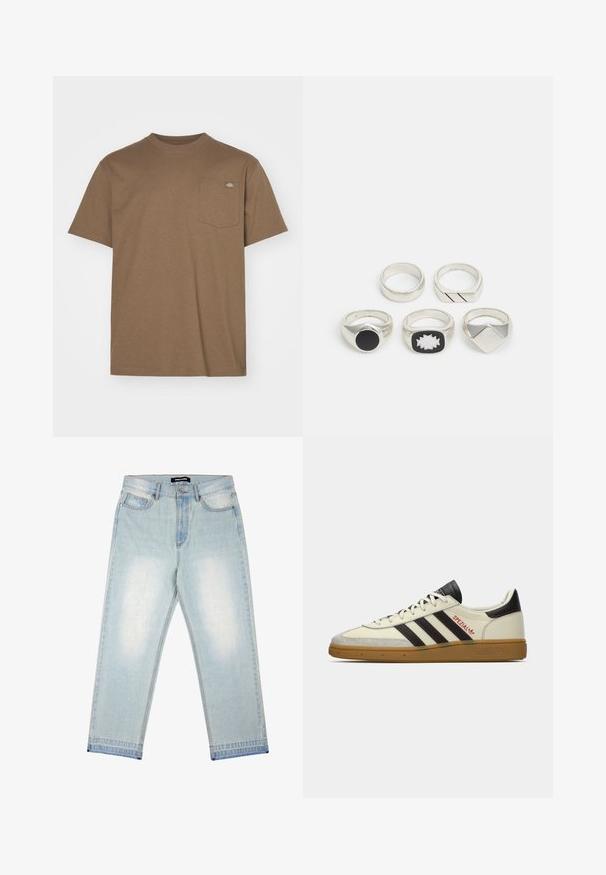 Dickies LURAY POCKET TEE - T-paita - mushroom; Pegador BARROW - Loose fit -farkut - sand washed blue; Kreemi ja mustad Adidas Spezial tossud, millel on kummist talla, mustad triibud, punane õmblus ja "Spezial" bränding küljel.; Viisi hopeista rengasta: yksi mustalla pyöreällä yksityiskohdalla, yksi valkoisella ja mustalla geometrisella kuviolla, ja muut eri muodoilla ja viimeistelyillä.