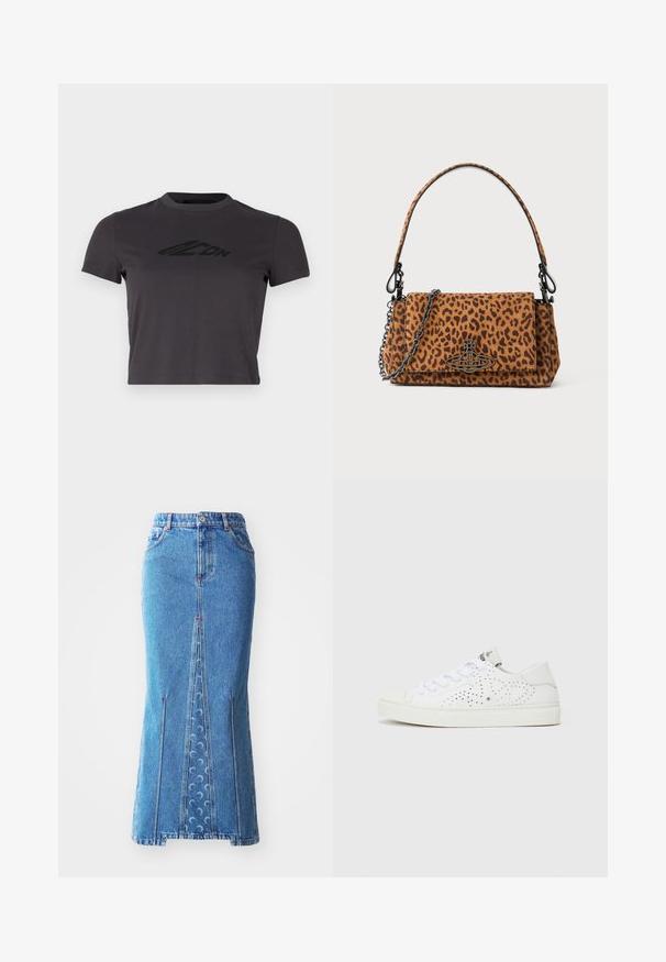 T-shirt court gris foncé en coton doux, avec un col rond et un imprimé logo noir sur le devant. Manches courtes et coupe slim.; Jupe midi en denim bleu clair avec une fente sur le devant, des coutures contrastées, deux poches latérales et de subtils accents en vagues.; Baskets blanches montantes basses avec un design perforé, des lacets plats et une semelle en caoutchouc texturée. Présente un style minimaliste et une finition douce.; Sac à main en cuir suédé à motifs léopard, avec une courte poignée, une bandoulière en chaîne et un fermoir en métal noir. Forme rectangulaire avec une fermeture à rabat.