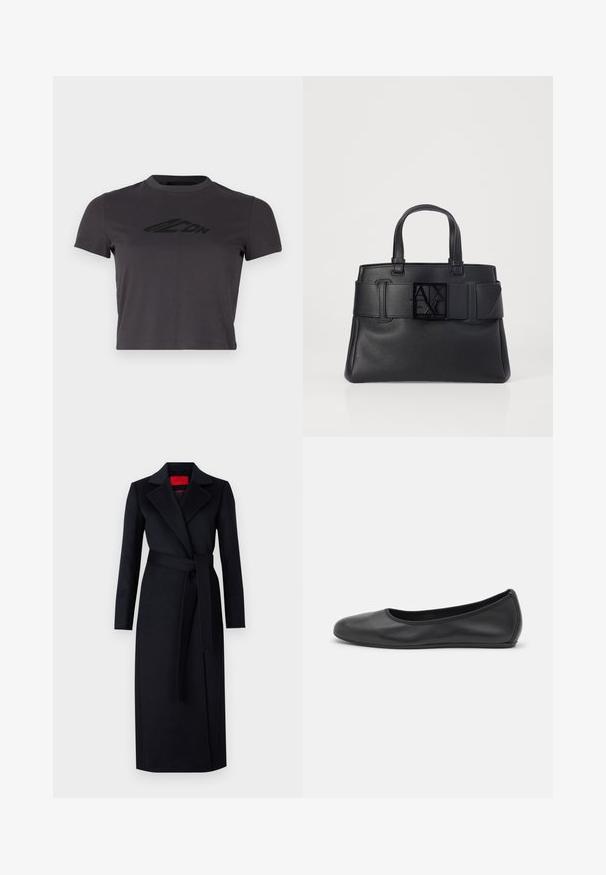 Camiseta corta de color gris oscuro hecha de algodón suave, con un cuello redondo y un estampado de logo negro en la parte delantera. Mangas cortas y diseño ajustado.; Abrigo negro de trinchera con mangas largas, diseño envolvente y cinturón a juego. Hecho de una tela suave, cuenta con un cuello muesca y bolsillos laterales.; Bailarina de piel negra con punta redondeada, textura suave, detalle de costura minimalista y diseño de suela flexible.; Bolso tote de cuero negro con un acabado texturizado, correa ancha con detalle de hebilla y un logo cuadrado en la parte frontal. Dos asas superiores.