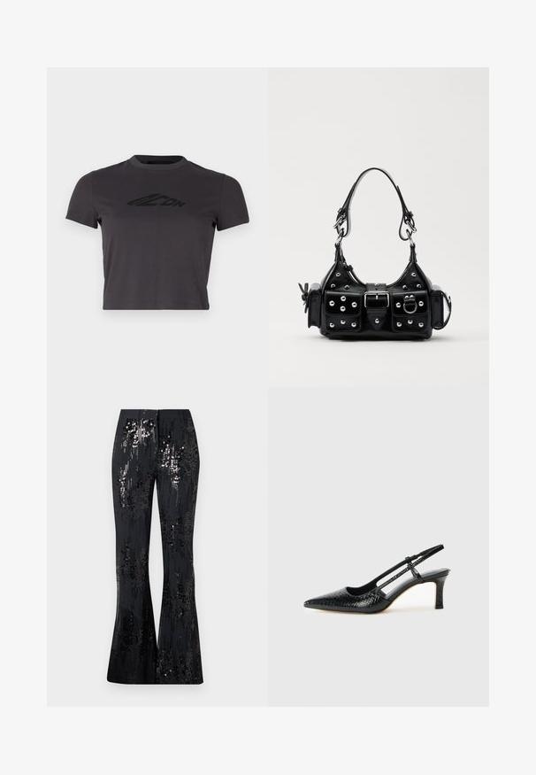 Dunkelgraues, kurz geschnittenes T-Shirt aus weicher Baumwolle, mit Rundhalsausschnitt und einem schwarzen Logo-Print auf der Vorderseite. Kurze Ärmel und schmale Passform.; The Kooples PANTALON SEUL - Stoffhose - black; Schwarze Lack-Slingback-Pumps mit spitzem Zehenbereich, versehen mit strukturiertem Schlangenprint, verstellbarem Riemen und einem kurzen, strukturierten Blockabsatz.; Schwarze Lederhandtasche mit einem geschwungenen Design, verziert mit silbernen Nieten, einer Schnalle und zwei seitlichen Taschen. Verstellbarer Träger für verschiedene Tragemöglichkeiten.