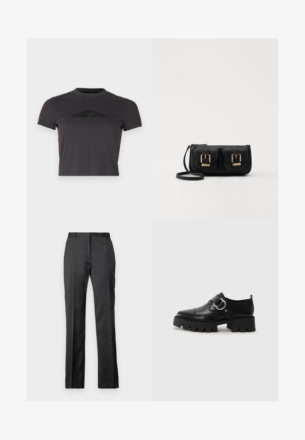 Tamno siva skraćena majica od mekog pamuka s okruglim izrezom i crnim printom logotipa sprijeda. Kratki rukavi i uski kroj.; Prilagođene crne hlače od glatkog materijala. Imaju ravnu nogavicu, ravni front i suptilne detalje pregiba.; Crne kožne cipele s debelim, rebrastim potplatom, koje imaju okrugli srebrni detalj i minimalne šavove.; Crna kožna torba preko ramena s dva prednja džepa, zlatnim kopčama, zatvaranjem na zip i uskim remenom. Teksturirana površina i kompaktan pravokutan oblik.