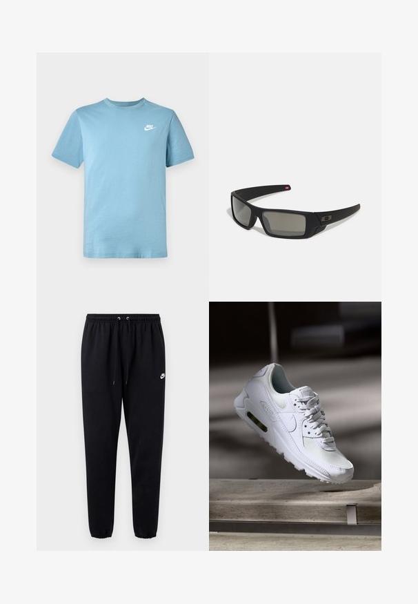 Světle modré bavlněné tričko s krátkými rukávy, kulatým výstřihem a malým bílým logem Nike na levé části hrudi. Hladká textura.; Černé tepláky z měkké látky s elastickým pasem se šňůrkou, zužujícími se nohavicemi a malým bílým logem na levé straně.; Bílé tenisky Nike Air Max 90 s vrchním materiálem z textilu a kůže, perforovanou špičkou a viditelnou vzduchovou jednotkou v patě.; Černé sluneční brýle s matným povrchem, obdélníkové čočky, mírná křivka na spáncích, nenápadný detail loga a čočky s kouřovým zabarvením.