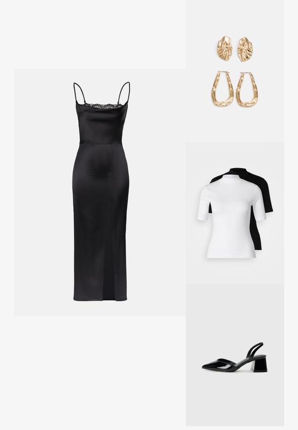 Conjunto de duas camisolas de gola alta em branco e preto. Mangas curtas, tecido de algodão suave e design ajustado. Sem padrões ou gráficos.; Vestido de cetim preto com alças finas, acabamento rendado na gola, silhueta justa e uma abertura lateral para facilitar o movimento.; Sandy em verniz preto com salto slingback, ponta afilada e salto geométrico. Apresenta um design elegante e minimalista com textura suave.; Brincos em tom de ouro com formas onduladas e texturizadas. Inclui studs escultóricos com presilha e um design de argola aberta com um acabamento martelado.
