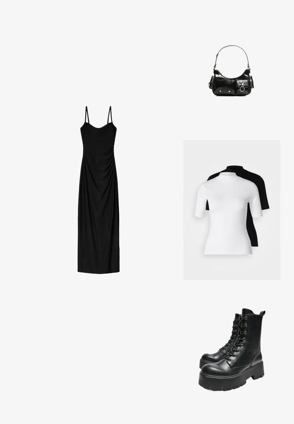 Sæt bestående af to tætsiddende turtleneck-toppe i hvid og sort. Korte ærmer, glat bomuldsstof og tætsiddende design. Ingen mønstre eller grafik.; Sort midi-kjole med tynde, justerbare stropper, der har et draperet design og en glat tekstur. Ingen synlige mønstre eller udsmykninger.; Bershka TRACK - Plateaustøvletter - black; Sort patenteret læder håndtaske med en buet form, en skulderrem, frontlommer og hardware accenter i sølvfarve.