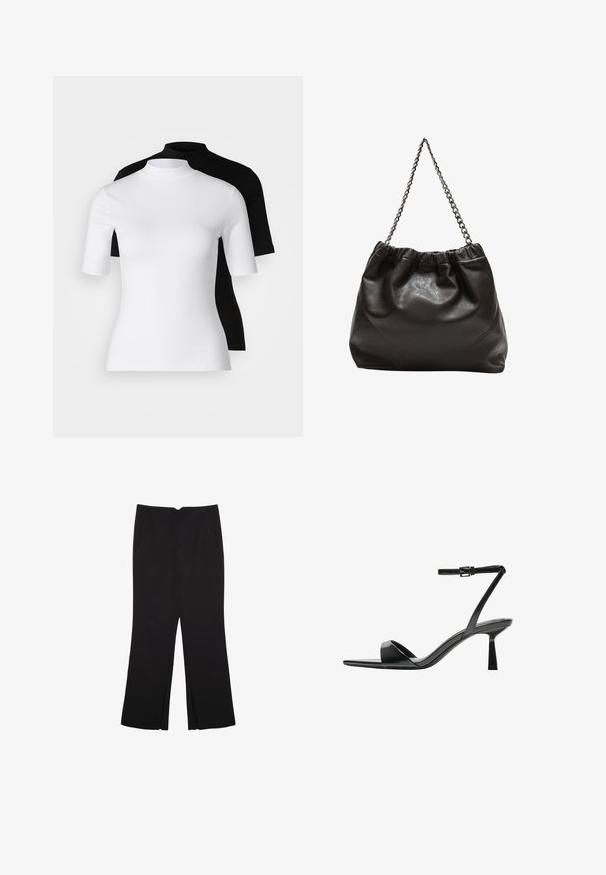 Sæt bestående af to tætsiddende turtleneck-toppe i hvid og sort. Korte ærmer, glat bomuldsstof og tætsiddende design. Ingen mønstre eller grafik.; Sorte bukser med lige pasform, der har frontlommer og slidser i kanten. Lavet af blødt, glat stof. Velegnet til forskellige anledninger.; Bershka Højhælede sandaletter / Højhælede sandaler - black; Brun lædertaske med en rynket top og en kædestrop. Glat tekstur med en blank finish og subtile sømdetaljer på siderne.