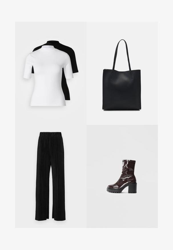 Divu piemērotu augsto apkakļu topu komplekts melnā un baltā krāsā. Īsas piedurknes, gluda kokvilnas auduma, cieši pieguļošs dizains. Nav rakstu vai grafikas.; Melni plīšu bikses ar elastīgu jostu. Tām ir platākas kājas un gluda, teksturēta auduma ar vertikālām svītrām.; Spīdīgas bordo potīšu botītes ar masīlu melnu papēdi, kurām ir gluda tekstūra un vienkāršs dizains. Nav redzamu aizdari vai rakstu.; Melnas ādas somiņa ar gludu tekstūru, taisnstūra formu un divām garām rokturiem. Nav redzamu aparatūras vai rotājumu.