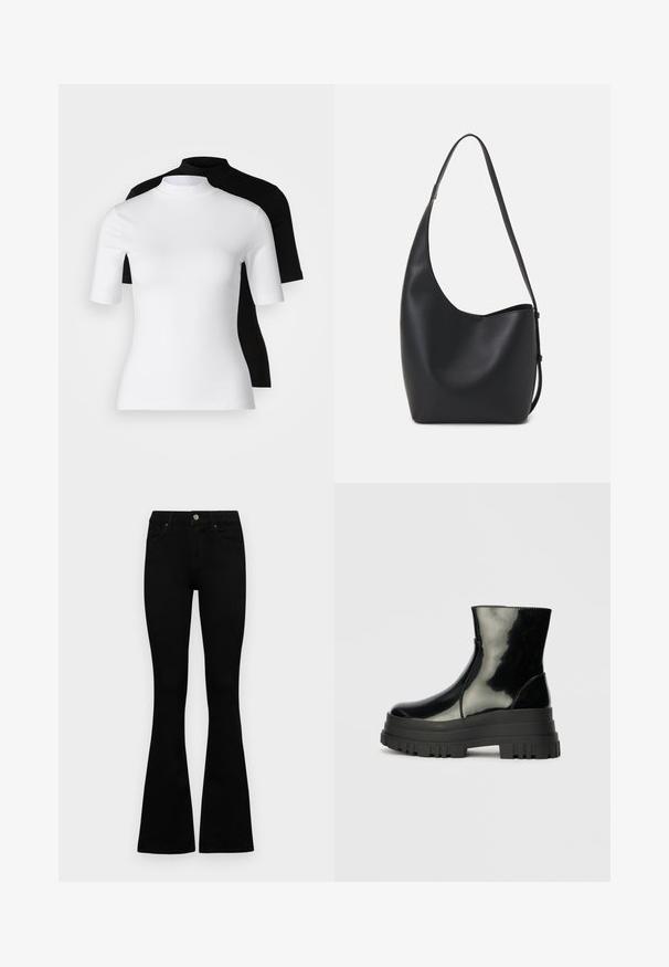 Divu piemērotu augsto apkakļu topu komplekts melnā un baltā krāsā. Īsas piedurknes, gluda kokvilnas auduma, cieši pieguļošs dizains. Nav rakstu vai grafikas.; Melni augsta jostas šorti ar pogu un rāvējslēdzēju, priekšējām kabatām un izplestām kājām, nolikti uz balta fona.; Melnas spīdīgas potītes zābaki ar biezu zoli un noapaļotu purngalu, sānu skats uz vienkārša gaiši pelēka fona.; Melnas ādas hobo soma ar gludu tekstūru, izliekta forma un vienu regulējamu jostu; augšā ir plaša atvere.