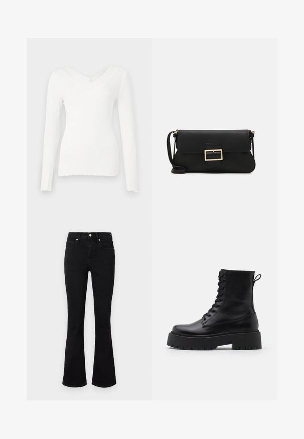 Bela rebrasta dolga majica z V-izrezom in teksturiranim čipkastim obrobom okoli izreza, z rahlo valovitim robom in prilegajočim se dizajnom.; Črne široke kavbojke iz denima, z višjim pasom, sprednjimi žepi in gumbom za zapiranje. Gladka tekstura z minimalnimi šivi.; Črne usnjene gležnjarje z okroglo konico, vezalnim sprednjim delom in debelim gumijastim podplatom z teksturiranim profilom. Zanka na hrbtni strani.; Črna usnjena torbica na preklop z zlato kovinsko zaponko. Vključuje črn trak in eleganten, minimalističen dizajn.