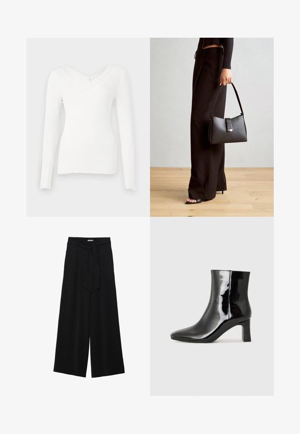Weißes, geripptes Langarmoberteil mit V-Ausschnitt und strukturiertem Spitzenbesatz entlang des Ausschnitts, ausgestattet mit einem leicht geschwungenen Saum und taillierter Passform.; Schwarze weite Hosen aus strukturiertem Stoff, mit elastischem Bund und einem abnehmbaren Bindegürtel in der Taille für eine verstellbare Passform.; Schwarzer Lackleder-Stiefelette mit spitzer Zehe und einem mittelhohen Blockabsatz. Glatte Textur und minimalistisches Design.; Schwarze Handtasche mit strukturierter Form, glatter Textur und einem metallischen Verschluss. Kombiniert mit weiten schwarzen Hosen und offenen Sandalen auf einem Holzboden.