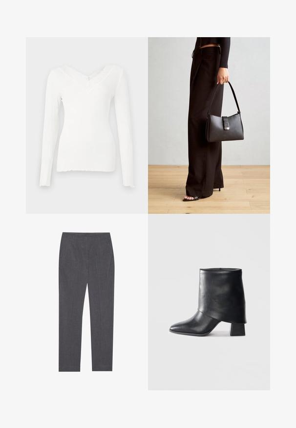 Weißes, geripptes Langarmoberteil mit V-Ausschnitt und strukturiertem Spitzenbesatz entlang des Ausschnitts, ausgestattet mit einem leicht geschwungenen Saum und taillierter Passform.; Grau maßgeschneiderte Hose aus einem strukturierten Stoff mit seitlichen Taschen und einem geraden Beinanschnitt sowie einem glatten Bund.; Schwarze Lederstiefelette mit spitzer Zehenform, glatter Oberfläche und strukturiertem Blockabsatz. Mit einem hohen, gefalteten Schaftdesign.; Schwarze Handtasche mit strukturierter Form, glatter Textur und einem metallischen Verschluss. Kombiniert mit weiten schwarzen Hosen und offenen Sandalen auf einem Holzboden.