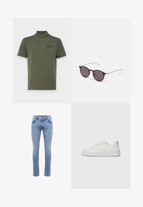EA7 Emporio Armani TRAIN CORE - Poloskjorter - beetle; Lyseblå denimjeans med slim fit, fem lommer og rett bendesign. Har glidelås og beltehemper. Myk tekstur.; Hvite lærersneakers med en jevn overflate, rund tå, flate lisser og en teksturert såle. Har en subtil logo på hælen.; Sorte, runde solbriller med mørke linser og slanke metalarmer. Inkluderer klare temple tips og sølvfargede detaljer ved hengslet. Minimalistisk design.