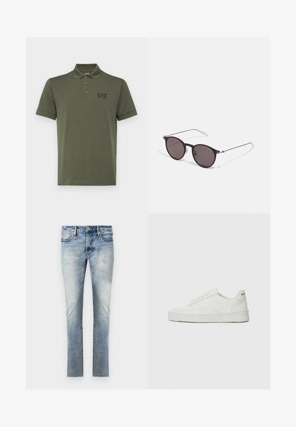 EA7 Emporio Armani TRAIN CORE - Polo marškinėliai - beetle; Šviesiai mėlyni džinsai su nuvalytu paviršiumi, aptemptas fasonas, penki kišenės ir kontrastingos siūlės.; Balti odiniai sportiniai bateliai su lygia apdaila, apvaliu pirštu, plokščiais raišteliais ir tekstūruotu padu. Pasižymi subtiliu logotipu ant kulno.; Juodos apvalios saulės akinių su tamsiais lęšiais ir plonomis metalinėmis šakomis. Įtraukti skaidrūs šventyklų galai ir sidabriniai akcentai vyrio srityje. Minimalistinis dizainas.