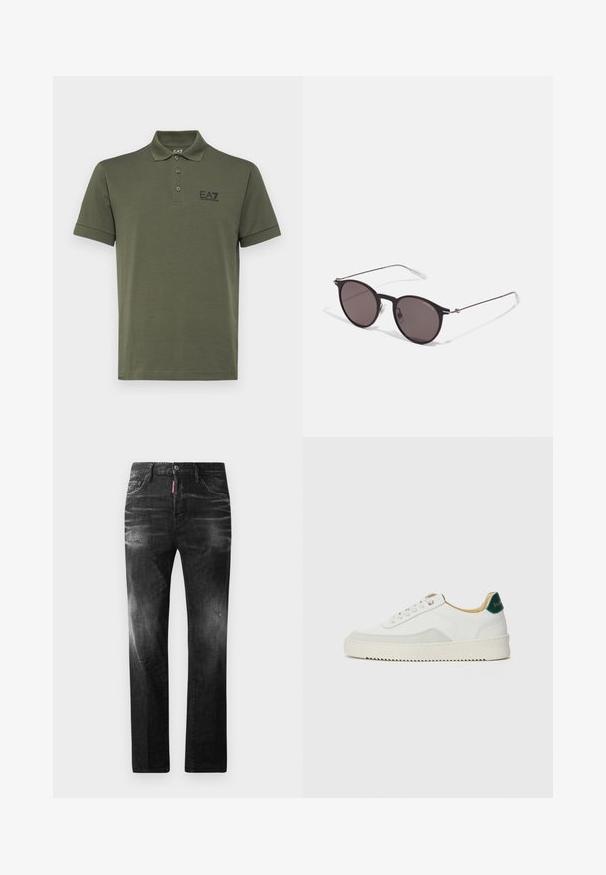 EA7 Emporio Armani TRAIN CORE - Polosärk - beetle; Mustad denim püksid otse lõikega. Omavad kulunud piirkondi, väikseid kahjustusi, klassikalist viit taskut ning nööpkinnitust.; Valged tennisjalanõud, millel on sametised aktsendid, ümar varvas, lame nöörid ja kreemjas kummine põhja. Hästi nähtav roheline bränding kannal.; Mustad mustad prillid tumedate läätsedega ja õhukeste metallist käepidemetega. Kaarja kujuga seljaosa ja hõbedased aktsendid hingel. Minimalistlik disain.