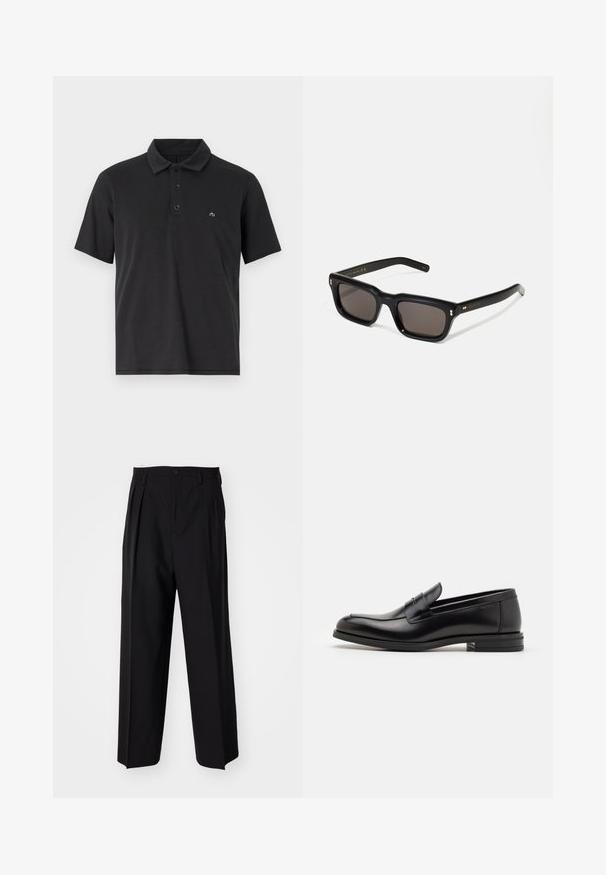 Sort polo shirt lavet af bomuld, med en foldet krave, tre knapper, korte ærmer og et lille broderet logo på brystet.; Sorte plisserede bukser med et lige, bred ben-design. Fremstillet af glat stof, med en knaplukning og bæltesløjfer.; Sorte læderloafers med en glat overflade, rund tå og en dekorativ strop over vampen. Lav hæl med stabeldesign, minimalistisk stil.; Sorte rektangulære solbriller med mørke glas, tyk plastisk ramme, guldtryk på stængerne og brandlogo indgraveret på armen.