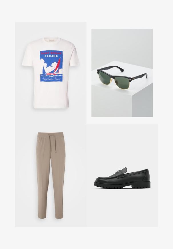 Weißes Baumwoll-T-Shirt mit einem blauen, roten und weißen Grafikmotiv von Segelbooten, ergänzt durch den Text "GANT OCEAN SAILING" und Wolkenbilder.; Helle beigefarbene Hose mit elastischem Bund, verstellbarem Kordelzug und schmal zulaufenden Beinen. Der Stoff wirkt glatt mit einem leichten Glanz.; Schwarze Lederloafer mit runder Zehenform, ausgestattet mit einem gesteppten Design, niedrigem Plattformsohle und einer strukturierten, genoppten Gummisohle.; Ray-Ban Sonnenbrillen mit grünen Gläsern, schwarzen Kunststoffrahmen und goldenen Akzenten an den Rändern. Quadratische Form mit matter Oberfläche.