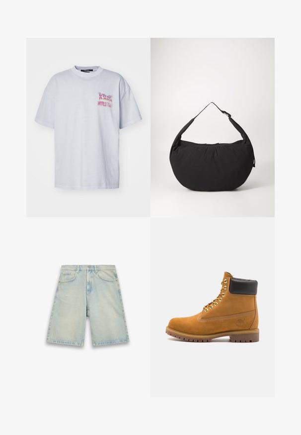 Svetlo šedé bavlnené tričko so voľným strihom, ktoré na ľavej hrudi zobrazuje farebnú grafiku "Ksubi World Tour". Krátke rukávy a okrúhly výstrih.; Svetlo modré džínsy šortky s voľným strihom, piatimi vreckami, ľahkým opotrebovaním a viditeľným šitím. Obsahujú zapínanie na gombík a zips.; Tyrkysové semišové členkové topánky s čiernym polstrovaným golierom, zlatými kovovými očkami, bielym prešívaním a robustnou gumovou podrážkou s výraznými drážkami.; Čierna tkaninová taška na rameno s zakriveným tvarom, vybavená jedným popruhom a zipsom na uzavieranie. Mäkká textúra, minimalistický dizajn.