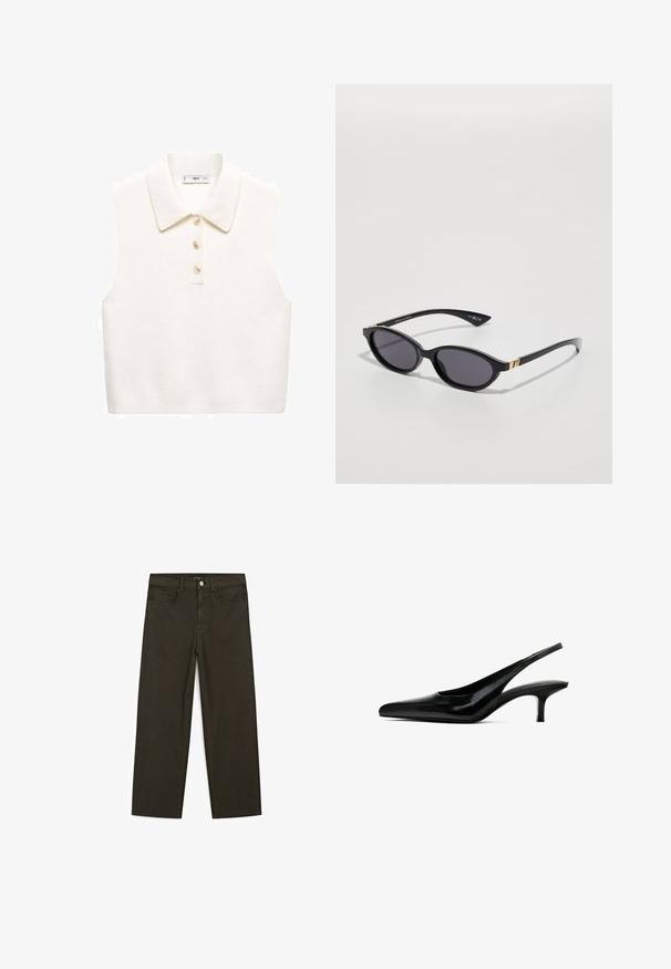 Mango Poloshirts - beige; Mørkegrønne brede jeans lavet af en bomuldsblanding, med en frontlukning med knap, fem lommer og klassisk denim-syning.; Sorte spidse slingback sko med en blank læderfinish og en tynd, lav hæl. Har et udskæringsdesign på siden for åndbarhed.; Sorte solbriller med ovale linser, mørk gradienttint og slanke arme med diskrete guldkant. Glat plastikfinish.