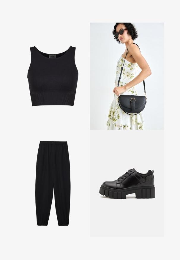 Musthave mustriba crop top ümmarguse kaeluse ja laia õlavarre rihmaga. Omab istuvat disaini ja saumatuid servi mugavuse tagamiseks.; Mustad, kerge kangas püksid elastse vöökoha ja kokku volditud pahkluudega. Kanga pind on sile ja disain on lõdvestunud, kitsenev.; Must musta platvormsussid paksu plokkninal, ümmarguse varbaga ja traditsioonilise nööridega kinnitamisega. Sussid on sileda tekstuuriga ja minimaalsete detailidega.; Mustmust mustraha kõverate joontega, eemaldatava rihmaga ja kuldsete detailidega. Kotil on klapp, millel on pandladetail.