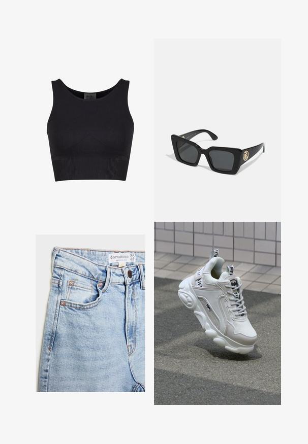 Top corto nero a coste con scollatura arrotondata e spalline larghe. Ha un design aderente e bordi senza cuciture per un maggiore comfort.; Jeans in denim azzurro chiaro con vita alta, cinque tasche, accessori in tonalità rame e leggera scoloritura, con etichetta sulla vita.; Sneaker bianco realizzato in materiali mesh e pelle, con punta arrotondata, suola spessa, lacci prominenti e marchio sul tallone e sulla linguetta.; Occhiali da sole neri a forma quadrata con lenti scure e aste nere lucide. Presentano un accento in metallo circolare dorato sul lato. Texture complessiva liscia.