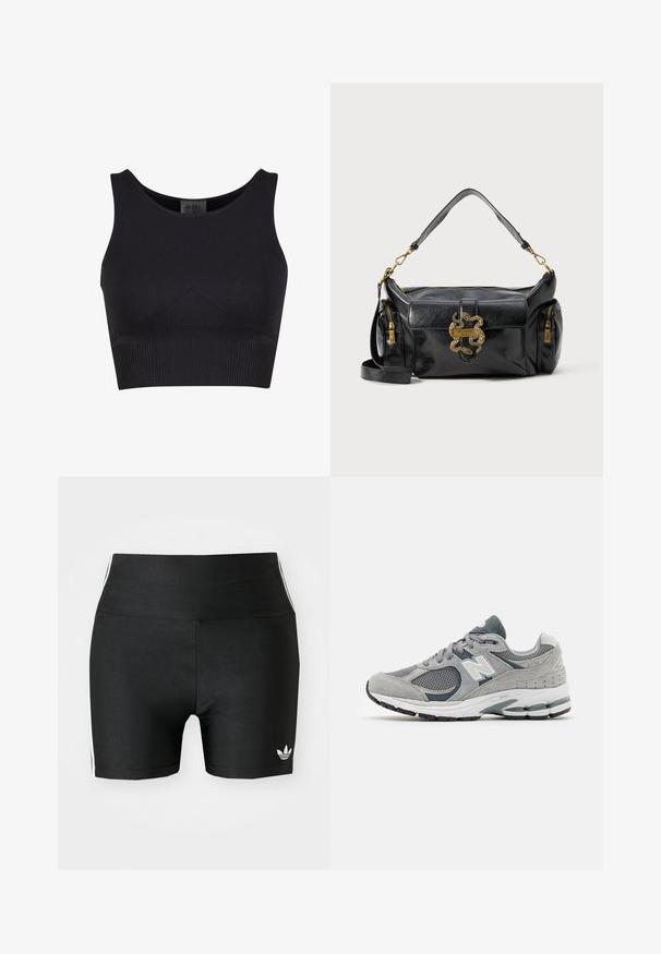 Melnā ribota cropped topa ar noapaļotu kakla izgriezumu un plašām plecu siksnām. Iespējo menstru dizains un bezšuvju maliņas komfortam.; Melni sporta šorti no elastīga auduma ar augstu jostasvietu. Ar baltām sānu svītrām un mazu baltu logotipu apakšmalā.; Pelēkie sporta apavi ar sieta un zamša materiāliem, ar baltu logotipu, mīkstu apkaklīti un tekstūru gumijas zolēm. Akcenti tumšākā pelēkā krāsā.; Melna ādas rokassoma ar gludu tekstūru, zelta čūskas formas furnitūra un divas ar rāvējslēdzējiem aizveramas sānu kabatas. Iekļauta regulējama plecu siksna.; Melni cimdi, kas izgatavoti no caurspīdīga auduma, ar teksturētām ziedu un apļu rakstiem. Garš dizains ar gludu apdari un uzlīmes detaļu uz viena cimdiem.