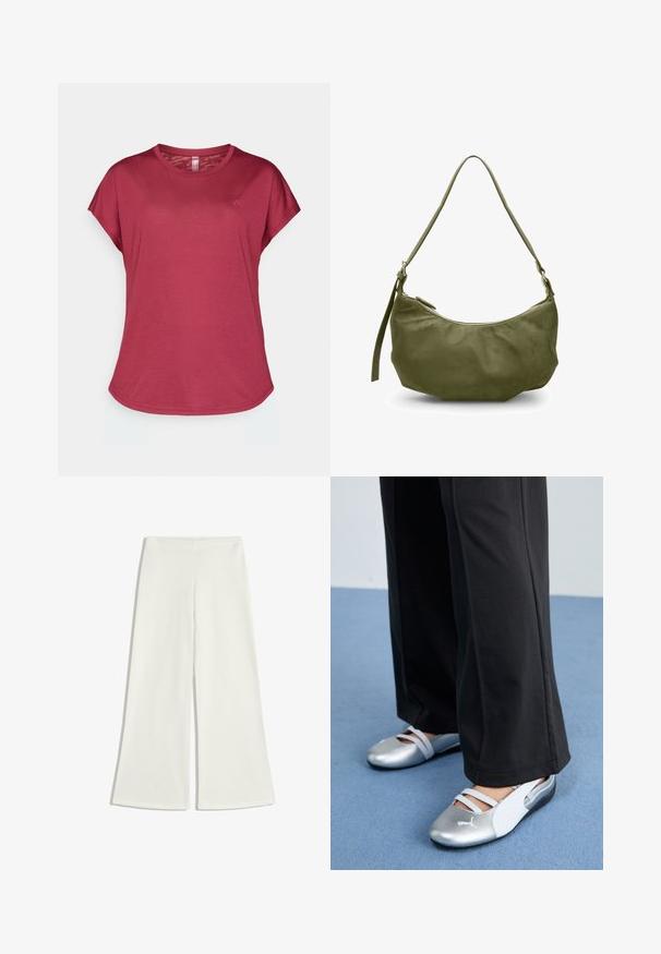 T-shirt a maniche corte color bacca con scollatura rotonda, texture morbida, vestibilità morbida e un logo discreto sul lato sinistro.; Pantaloni a gamba larga bianchi realizzati in tessuto morbido. Presentano una vita alta e nessuna cucitura visibile, creando una silhouette pulita.; Scarpe piatte argento e bianche con cinturini incrociati e dettagli testurizzati, abbinate a pantaloni neri larghi. Ambientate su un pavimento blu.; Borsa a spalla in pelle verde oliva con forma curva, chiusura con zip e tracolla regolabile. Texture liscia con minimi dettagli in metallo.