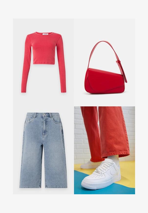 Long-sleeve, cropped top in ribbed texture, featuring a round neckline. Color: vibrant red. Includes a label at the neck with "JJXX."; Light blue denim shorts with a loose fit, mid-rise waist, and visible stitching. Features side and back pockets, and a button closure.; White leather sneaker with perforated toe box, textured sole, and white laces, paired with wide red pants and a blue and yellow background.; Red leather handbag with an angular, geometric design. Features a single adjustable strap and a flap closure with stitched detailing.