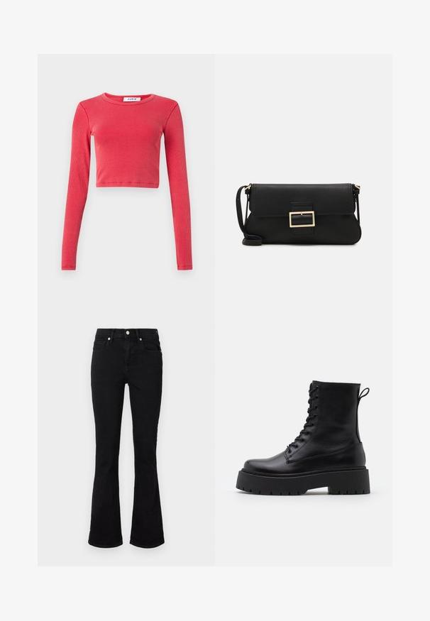 Dlouhý rukáv, zkrácený top s žebrovanou texturou, s kulatým výstřihem. Barva: živá červená. Obsahuje štítek na krku s nápisem "JJXX."; Černé rozšířené džíny vyrobené z denimu, s mírně vyvýšeným pasem, předními kapsami a uzavíráním na knoflík. Hladká textura s minimem švů.; Černé kožené kotníkové boty s kulatou špičkou, šněrováním na přední straně a silnou gumovou podešví s texturovaným vzorkem. S poutkem vzadu.; Černá kožená psaníčko s klopou a zlatým kovovým detailním sponou. Součástí je černý popruh a elegantní, minimalistický design.