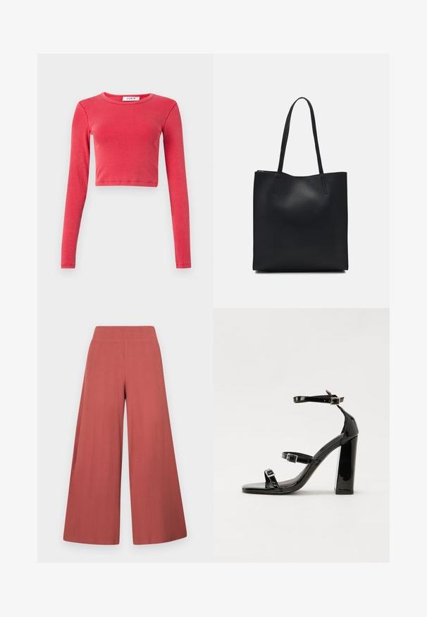 Long-sleeve, cropped top in ribbed texture, featuring a round neckline. Color: vibrant red. Includes a label at the neck with "JJXX."; Wide-leg trousers in a rust color, made from textured fabric with vertical ribbing. Features a high, elastic waistband.; Black patent high-heeled sandals with two buckle straps, square toe, and a chunky block heel, featuring a smooth, glossy texture.; Black leather tote bag with smooth texture, rectangular shape, and two long handles. No visible hardware or embellishments.