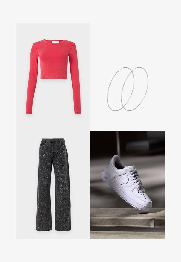 Dlouhý rukáv, zkrácený top s žebrovanou texturou, s kulatým výstřihem. Barva: živá červená. Obsahuje štítek na krku s nápisem "JJXX."; Noisy May NMJANNEL LOOSE - Džíny Relaxed Fit - black denim; Bílá teniska Nike Air Force 1 levitující nad betonovým povrchem s odstíny ve minimalistickém prostředí.; Stříbrné kruhové náušnice s minimalistickým designem. Kruh, hladký povrch a tenký profil. Lehká konstrukce s lesklým povrchem.