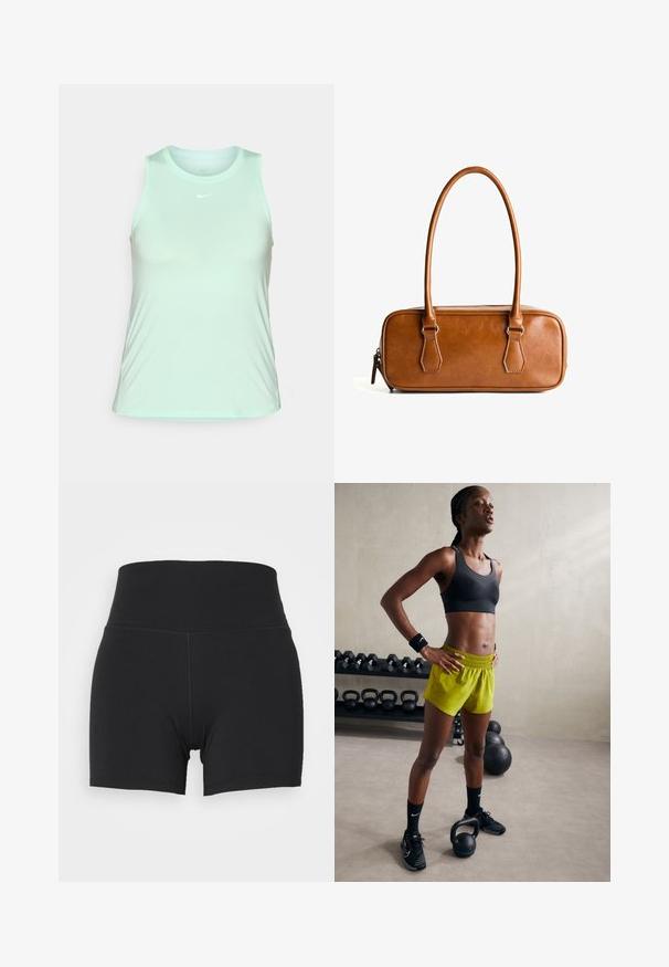 Lichtgroen Nike mouwloos sporttopje met een ronde halslijn en een klein wit logo op de borst, weergegeven tegen een witte achtergrond.; Zwarte sportshorts met een hoge elastische tailleband, gemaakt van gladde, rekbare stof. Heeft een getailleerd ontwerp en minimale stiksels.; Zwarte sportbeha, felgele shorts met een elastische tailleband, zwarte sportschoenen en polsbanden, staande naast kettlebells.; Bruine leren handtas met twee lange hengsels, rechthoekige vorm, gladde textuur, ritssluiting en accenten van zilverkleurig beslag.
