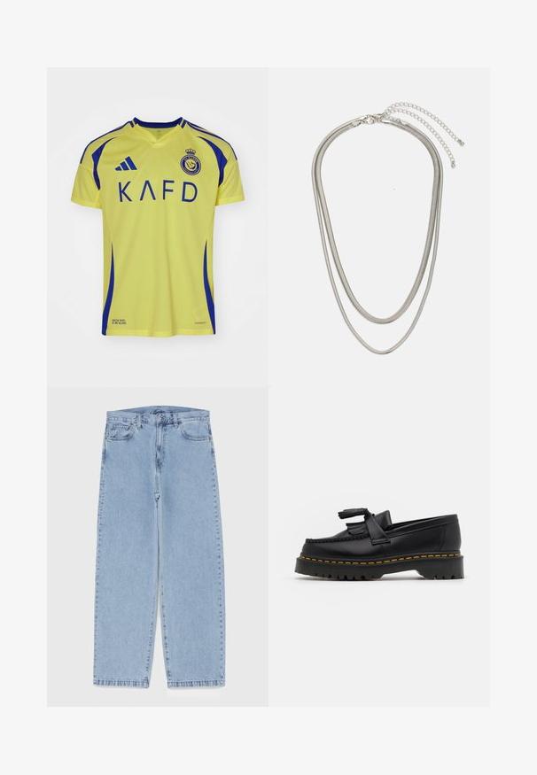 Maglietta da calcio gialla con accenti blu, caratterizzata da un design a scollo a V, grande lettering "KAFD", logo del club e testo "AEROREADY" sull'orlo.; Jeans in denim azzurro chiaro con design a gamba dritta, caratterizzati da una vita media, cinque tasche e chiusura con bottone e zip.; Mocassino in pelle nera con un'accento a frange, dotato di una suola nera spessa e cuciture gialle lungo il bordo. Finitura testurizzata.; Collana in metallo argentato a tre strati caratterizzata da catene sottili e flessibili con una leggera lucentezza, fissata con un gancio a molla e una catena regolabile.