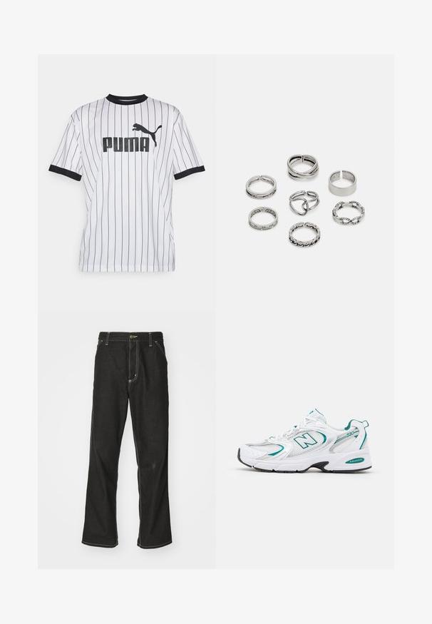 White jersey shirt with black vertical stripes, black collar, and sleeves. Features a large black "PUMA" logo on the front with a puma silhouette.; Black denim jeans with a loose fit, featuring contrasting white stitching, a button closure, and a straight leg design.; White athletic shoe with mesh and synthetic panels, turquoise accents, rounded toe, lace-up front, and black rubber sole.; Set of seven silver rings featuring various designs, including twisted, linked, and engraved patterns. Different shapes and widths.