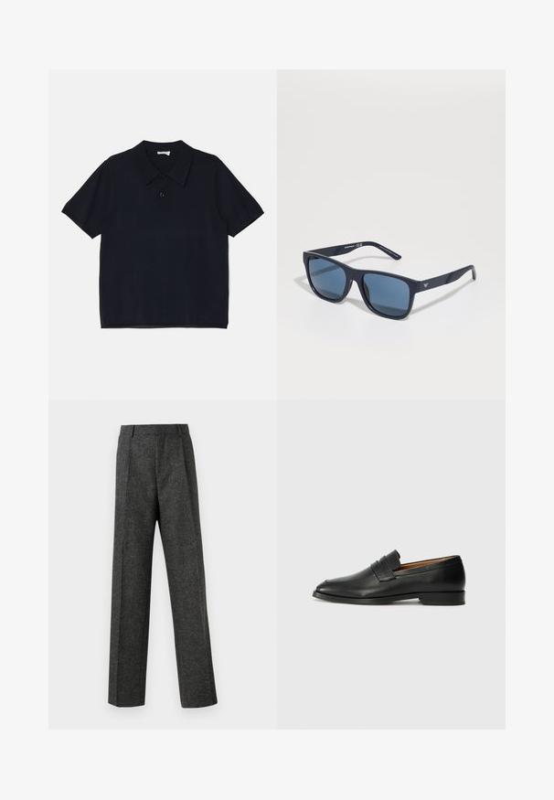 Fekete, rövidujjú pólóing, puha, könnyű anyagból készült. Klasszikus gallérral és elülső gombos záródással rendelkezik.; Szürke, texturált anyagból készült, szabott nadrág, két elülső pliszével és egyenes lábbal. Nincsenek látható zsebek vagy díszítések.; Fekete bőr mokaszin, kerek orral, diszkrét varrásokkal és alacsony sarokkal, sima felülettel és minimalista dizájnnal.; Kék téglalap alakú napszemüveg sötét lencsékkel, matt sötétkék kerettel, logóval a szárán, egyenes karokkal és sima, egységes textúrával.