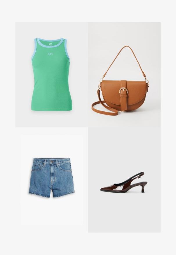 Zöld bordás ujjatlan felső világoskék díszítéssel és világoskék "GAP" logóval az elején. Feszes fazon.; Világoskék farmer rövidnadrág, öt zsebbel, cipzáros megoldással és gombos záródással. A szegélyt megkoptatták, és laza szabású dizájn jellemzi.; Barna lakkbőr slingback cipő hegyes orral és mérsékelt sarkal. Biztonságos illeszkedést biztosító csattal rendelkezik. Sima textúra.; Barna bőr keresztbody táska ívelt formával, aranyszínű fémrészekkel és csat díszítéssel. Levehető vállpánttal rendelkezik.