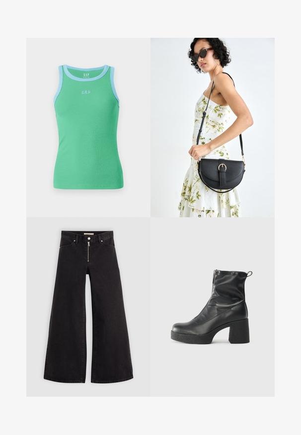 Žalias raukšlėtas liemenėlių marškinėlis su šviesiai mėlyna apdaila ir šviesiai mėlynu "GAP" logotipu priekyje. Be rankovių dizainas su prigludusia forma.; Plačios kojų džinsai iš juodo džinsinio audinio su užtrauktuku priekyje, penkių kišenių dizainu ir subtiliais siuvinėjimo akcentais. Lygus paviršius ir laisvalaikio stilius.; Juodos kulkšninių botai, pagaminti iš lygaus odos, su šoniniu užtrauktuku, masyviu tekstūruotu kulnu ir apvaliu pirštu.; Juodas odinis krepšys su išlenkta forma, nuimamu dirželiu ir auksiniais detalėmis. Krepšys turi kilpą su sagtimi.