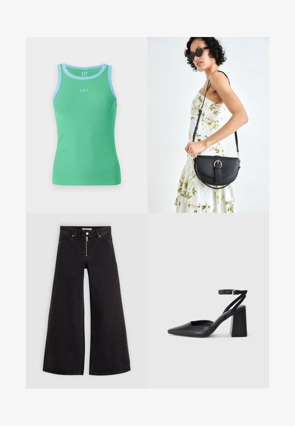 Green ribbed tank top featuring light blue trim and "GAP" logo in light blue on the front. Sleeveless design with a fitted shape.; Wide-leg jeans in black denim with a zippered front, five-pocket design, and subtle stitching details. Smooth texture and casual style.; Black leather pointy-toe pump with an ankle strap and a chunky heel. Flat texture, sleek design, and minimalistic aesthetics.; Black leather handbag with a curved shape, detachable strap, and gold hardware. The bag features a flap with a buckle detail.
