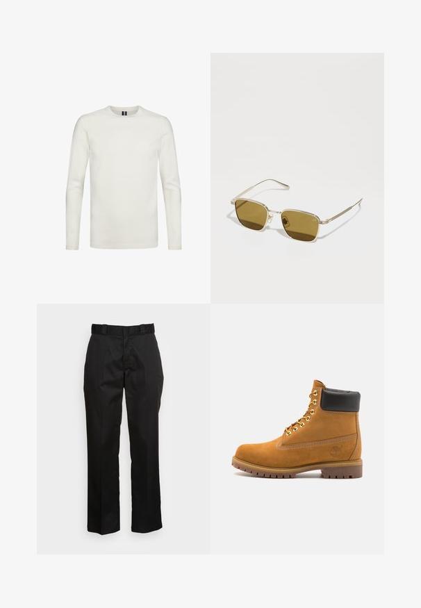 Witte langemouwen T-shirt van zachte stof, met een ronde hals en aansluitende mouwen, zonder zichtbare patronen of versieringen.; Zwarte broek van een gladde stof, met een rechte pijp ontwerp, riemlussen en twee zijzakken. Klassieke uitstraling zonder versieringen.; Tan suède enkelboot met zwart gevoerd kraagje, gouden metalen oogjes, witte stikdetails en een robuuste rubberen zool met uitgesproken profiel.; Goudkleurige metalen zonnebril met vierkante glazen en een bruine tint. Het slanke ontwerp heeft dunne pootjes en minimale hardwareaccenten.