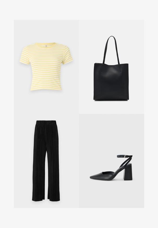 Yellow and white striped short-sleeve t-shirt with a round neckline, made of soft cotton fabric, featuring a cropped design.; Black pleated trousers with an elastic waistband. Features wide legs and a smooth, textured fabric with vertical stripes.; Black leather pointy-toe pump with an ankle strap and a chunky heel. Flat texture, sleek design, and minimalistic aesthetics.; Black leather tote bag with smooth texture, rectangular shape, and two long handles. No visible hardware or embellishments.